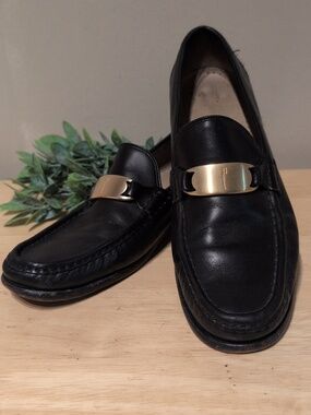 Salvatore Ferragamo Black Leather Loafers with Gold Buckle